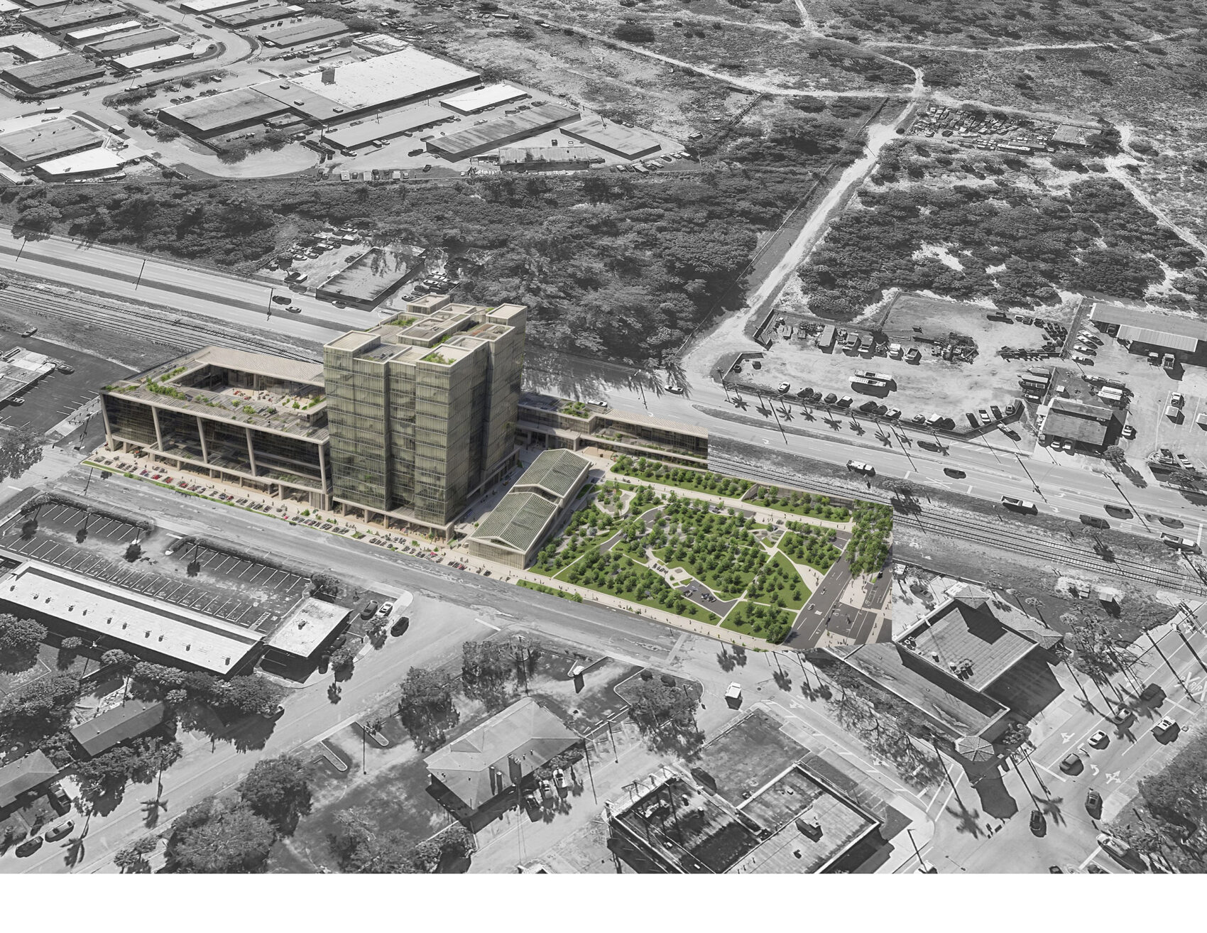 Our 3D massing study for the Lake Park FEC station site — a mixed-use transit hub with a station hall, structured parking, ground-floor retail, and a signature green, modeled to scale on the real site. BusinessFlare®, 06.03.24.